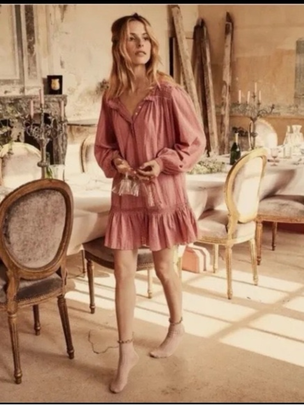 Doen Angelou mini Dress in Bon Bon Dusty Rose Lace Swiss Dot